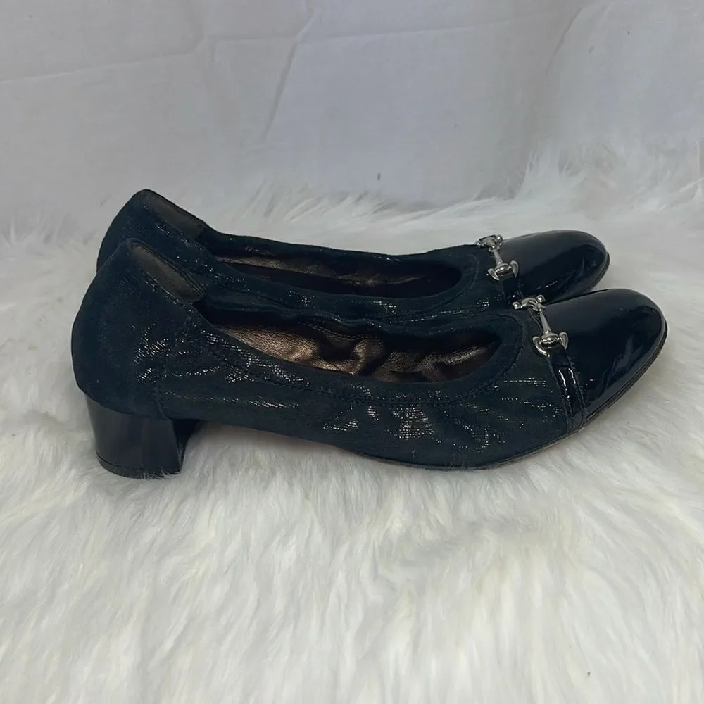 AGL Attilio Giusti Leombuni Black Metallic Cap Toe Horse Bit Heel Sz 39.5/US 7.5